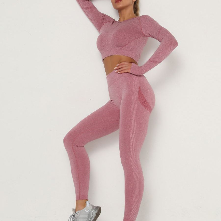 Women's Sets Skinny Tracksuit Breathable Bra Long Sleeve Top Seamless Outfits High Waist Push Up Leggings Gym Clothes Sport Suit New Set Wine Red