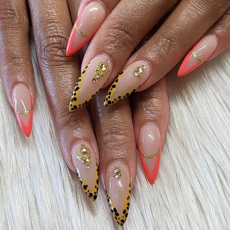 Long Stiletto False Nails Black Edge French Gold Thread Black Rhinestones Design Wearable Fake Nails Press On Nails Manicure Tip 2