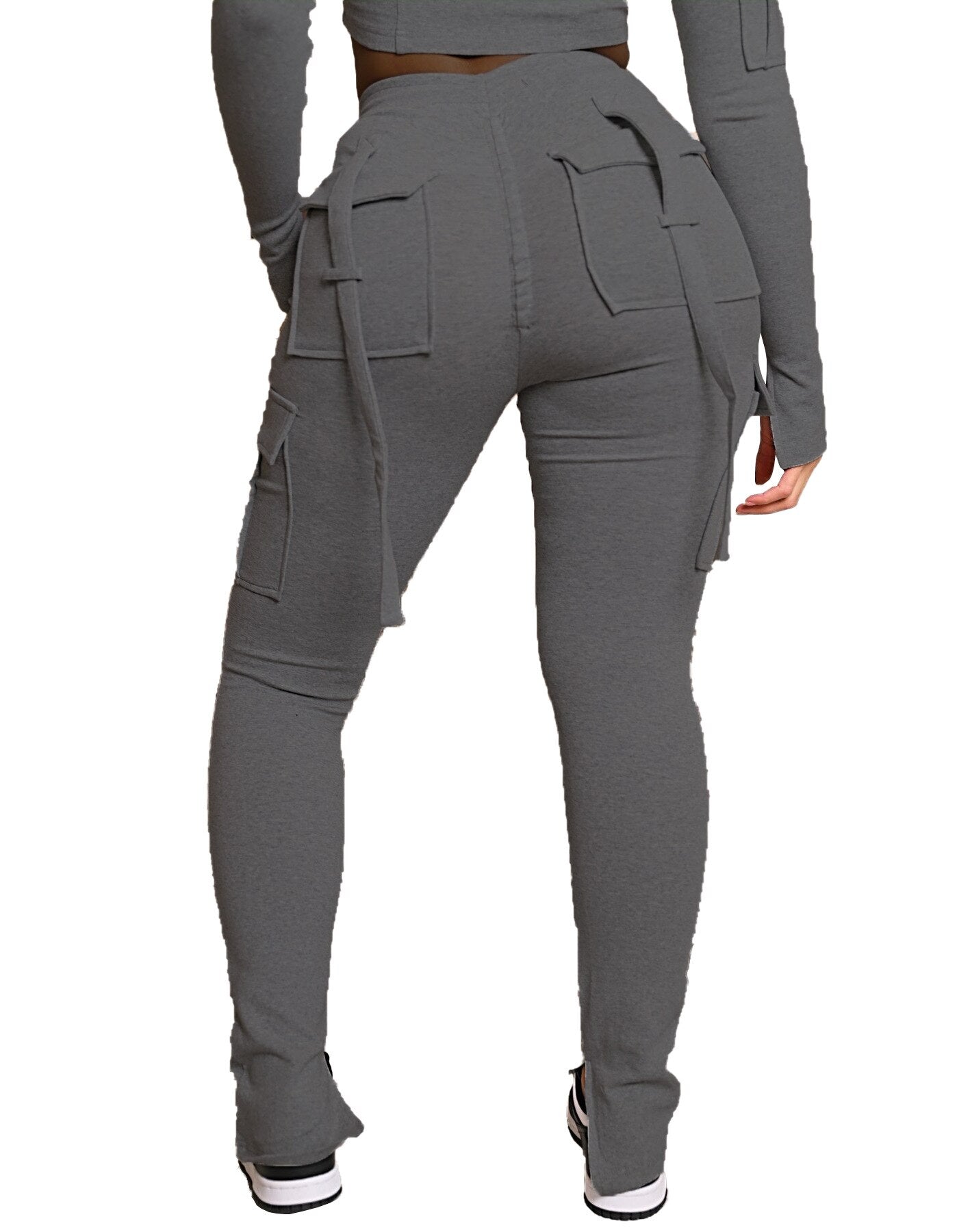 Women Pants for Summer Casual with Pockets Drawstring High Waist Trousers Fashion Polyerster Split Cargo Pant Adjustable Gray