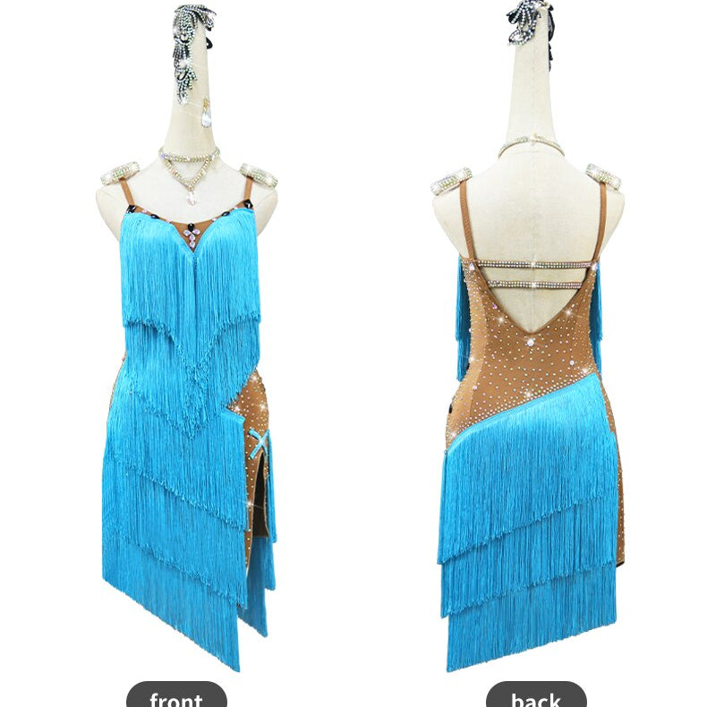 Latin Dance Suit Woman Top Fringed Dress Stand Ballroom Practice Wear Extreme Mini Sexy Line Clothes Prom Costume Ladies Cabaret Blue Dress