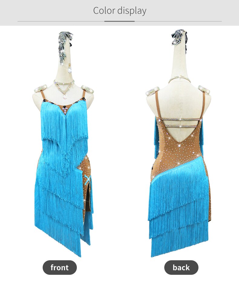 Latin Dance Suit Woman Top Fringed Dress Stand Ballroom Practice Wear Extreme Mini Sexy Line Clothes Prom Costume Ladies Cabaret Blue Dress