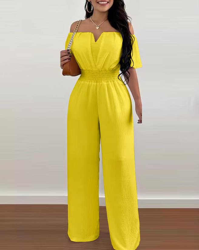 Jumpsuits for Women Spring Fashion Off Shoulder Casual Plain Short Sleeve Shirred Waist Daily Long Wide Leg Jumpsuit F