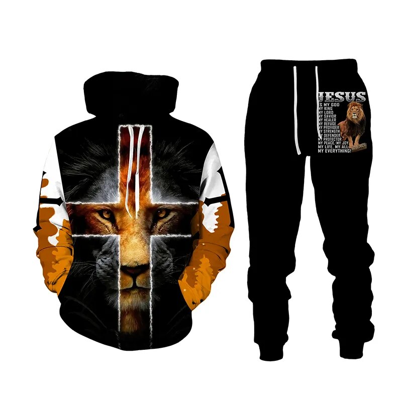 Autumn Winter Fashion Men Women Long Sleeve Lion 3d Printed JESUS Hoodie Sweatshirt and Pants Casual Men's Clothing Tracksuit 6 Spain