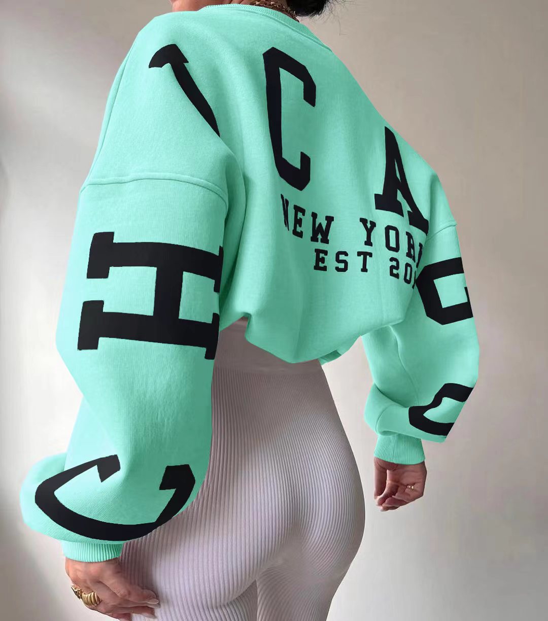 Women Casual Sweatshirts Fashion Letters Print O Neck Long Sleeve Pullovers Tops Vintage Loose Autumn Y2k Hoodies Streetwear Light green