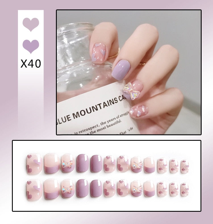 24PCS/Box Bowknot Rabbit Pattern Pearl Short Square Designer Fashion Design French Style Full Covering Pressed Fake Nails