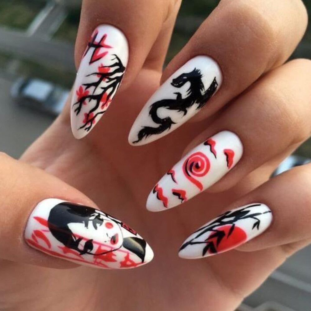 New Halloween Fake Nails Patch Black Almond/Coffin Head Artificial Nail Tips Pumpkin Spider Ghost Printed Press on Nail for Girl Spain Z7