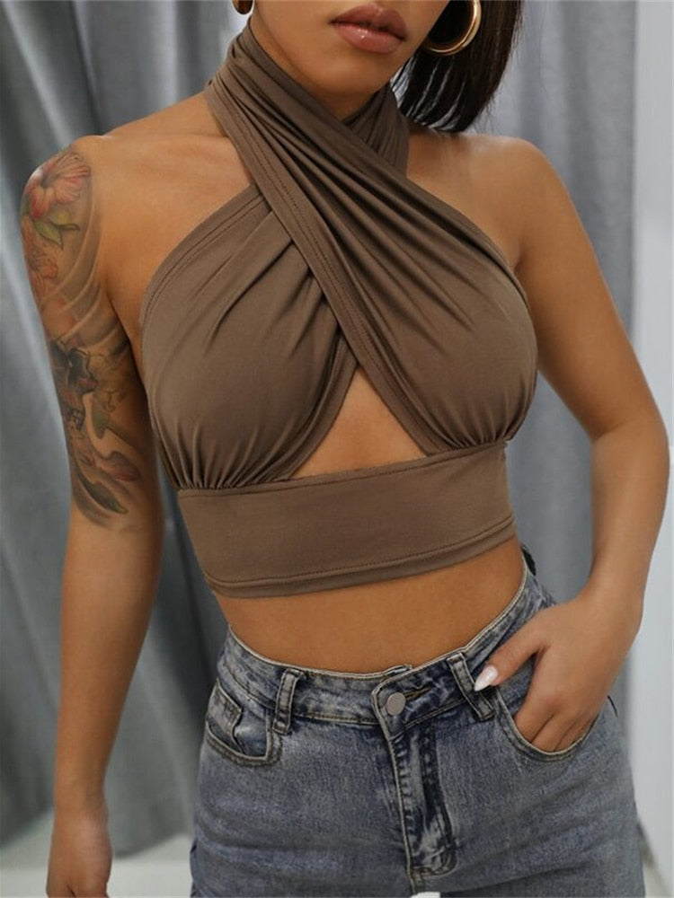 Women Summer Tank Tops Sexy Solid Color Cross Halter Neck Push Up Hollow Crop Tops High Street Wear 2023 New Fashion Auburn