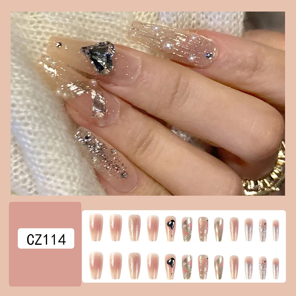 3D fake nails accessories nude french coffin tips with glitter diamond pearls faux ongles manicure press on false nail supplies