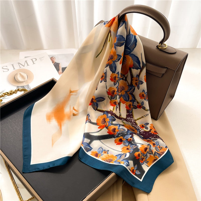 Luxury Print Satin Silk Square Scarf for Women Shawl Hijab Neckerchief Female Hair Ribbon Headband Fashion Wrap Bandana New FJ660-1