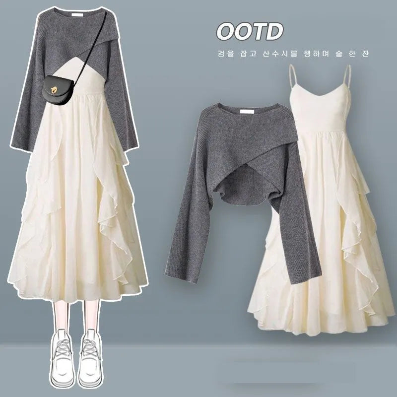 Women's Fashion Dress Matching Set Autumn Winter New Chic Knitted Sweater Sling Skirt Two Piece Korean Elegant Clothes Suit Set 03