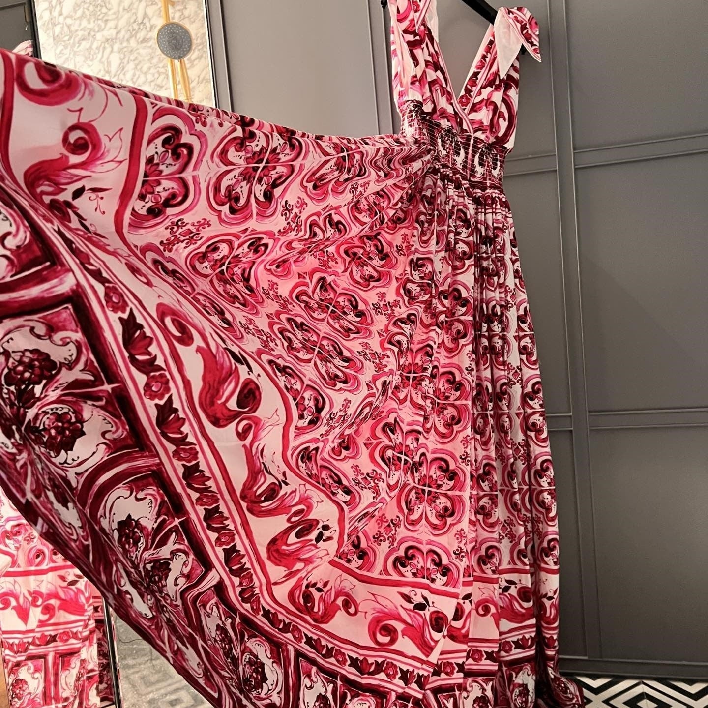 Summer Cotton Print Deep V-Neck Sleeveless Strap A-line Waist Wrap Large Hem Long Dress woman maxi skirt