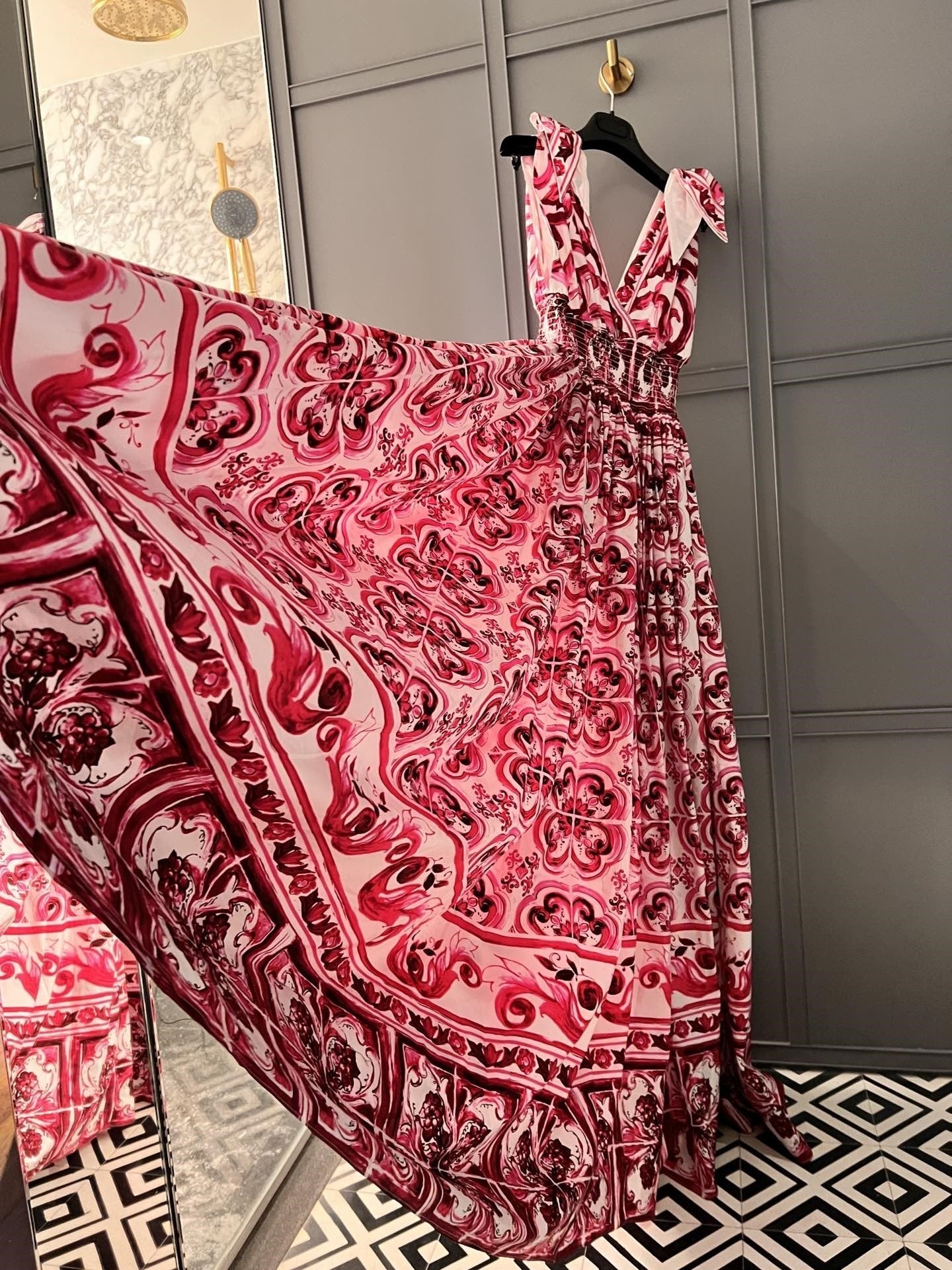 Summer Cotton Print Deep V-Neck Sleeveless Strap A-line Waist Wrap Large Hem Long Dress woman maxi skirt