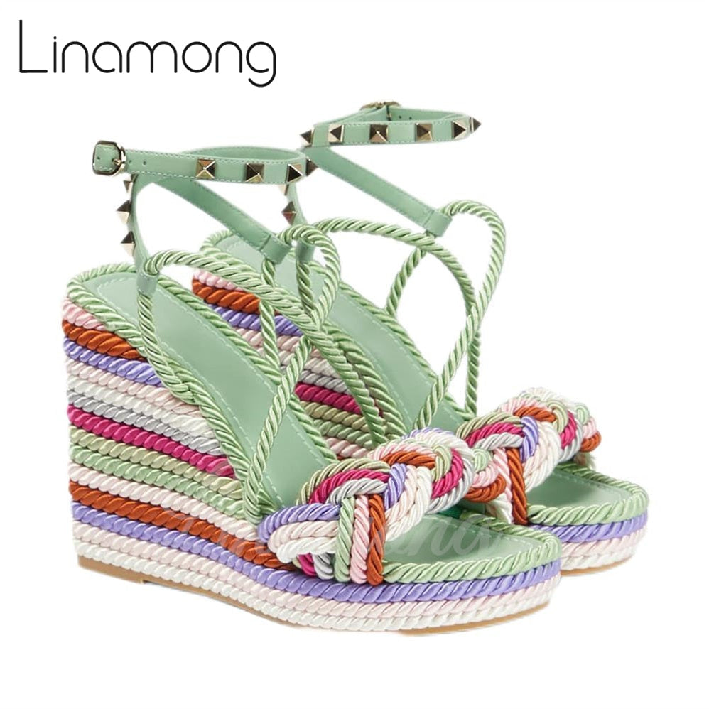 Multicolor Hemp Rope Rivet Espadrilles Strap Platform Wedge Summer Sandals for Women Designer Style Fashion Sandals New Arrival Green