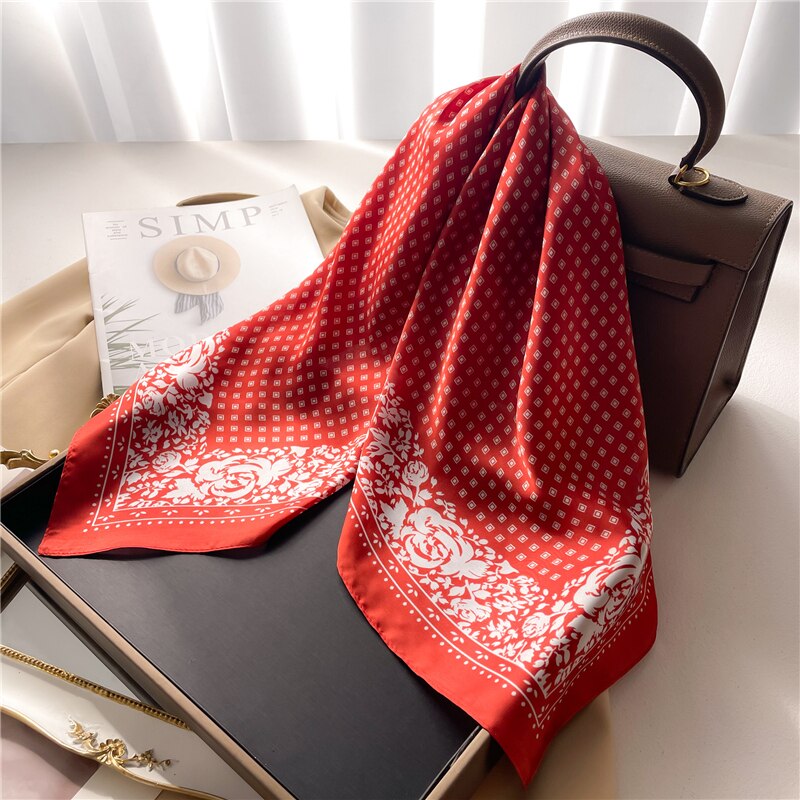 Fashion Hair Scarf for Women Decor Headband Ribbon Satin Silk Square Scarves Lady Wrist Wrap Shawls Design Bandana Foulard FJ709-2