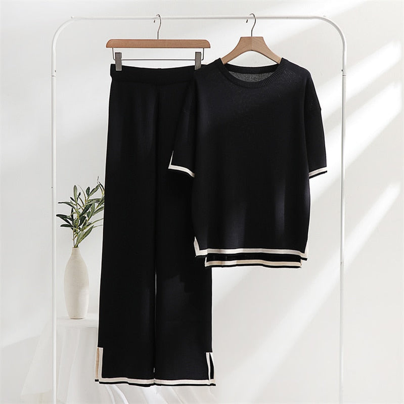 Two Piece Set Elegant Pants Sets Ice Knitted Summer Outfits For Women Short Sleeve Pajama Suit Black One Size