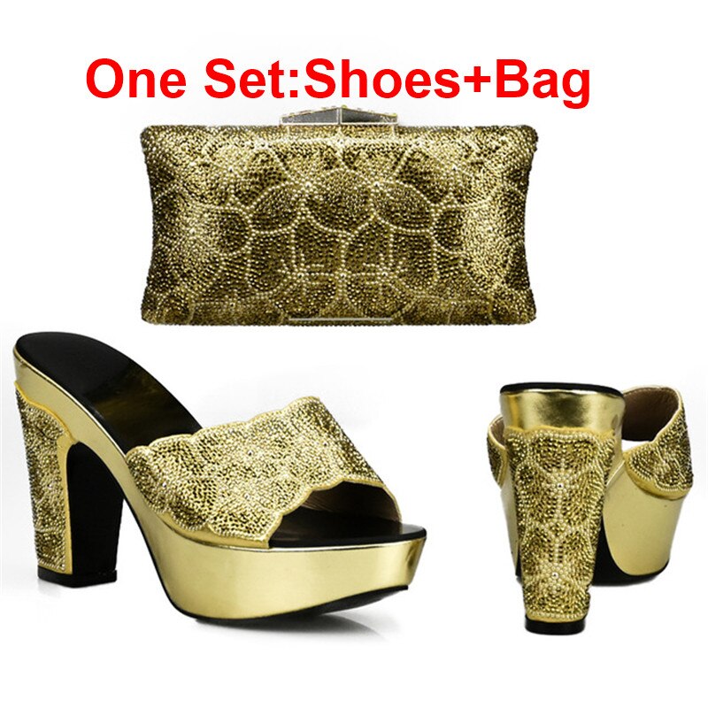 Latest Design Red Color Matching Women Shoes and Bag Set Decorated with Rhinestone African Shoe and Bag Set for Party In Women Gold Shoes and Bag
