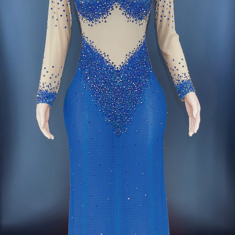 Sparkly Rhinestones Long Sleeves Mesh Transparent Dress Birthday Celebrate Gown Outfit Women Sexy Evening Prom Party Dress Blue