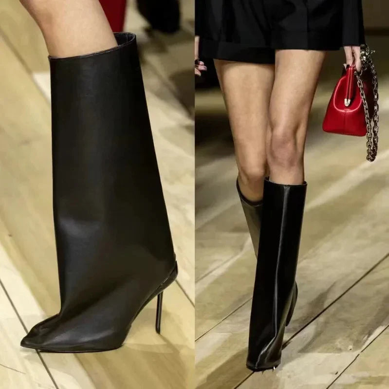 Autumn/Winter New Party High Heel Knee Length Women's Boots Fashion Genuine Leather Sleeve Medium Sleeve Women's Boots