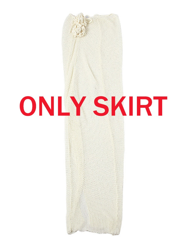 Tawnie Y2K Floral Appliques Knitted 2 Piece Sets Women 2023 Summer Sexy Halter Crop Top Split Maxi Skirt Sets Party Club Outfits Skirt One Size