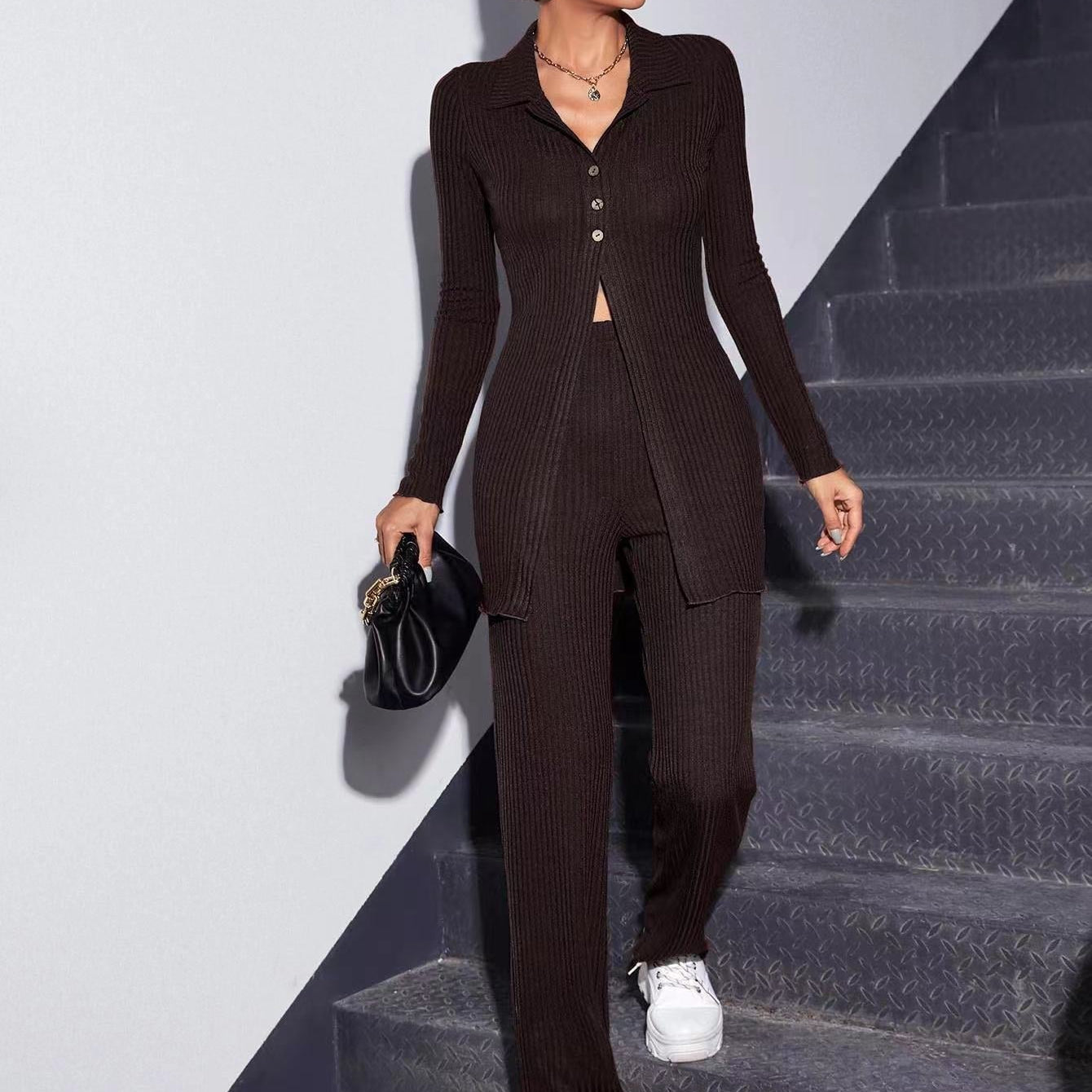 Autumn Knitted Sweater 2 Pcs/Set Women Elegant Stretch Pants Suit Female Ribbed Single-breasted Shirt Top Cardigan Jacket black TZ153