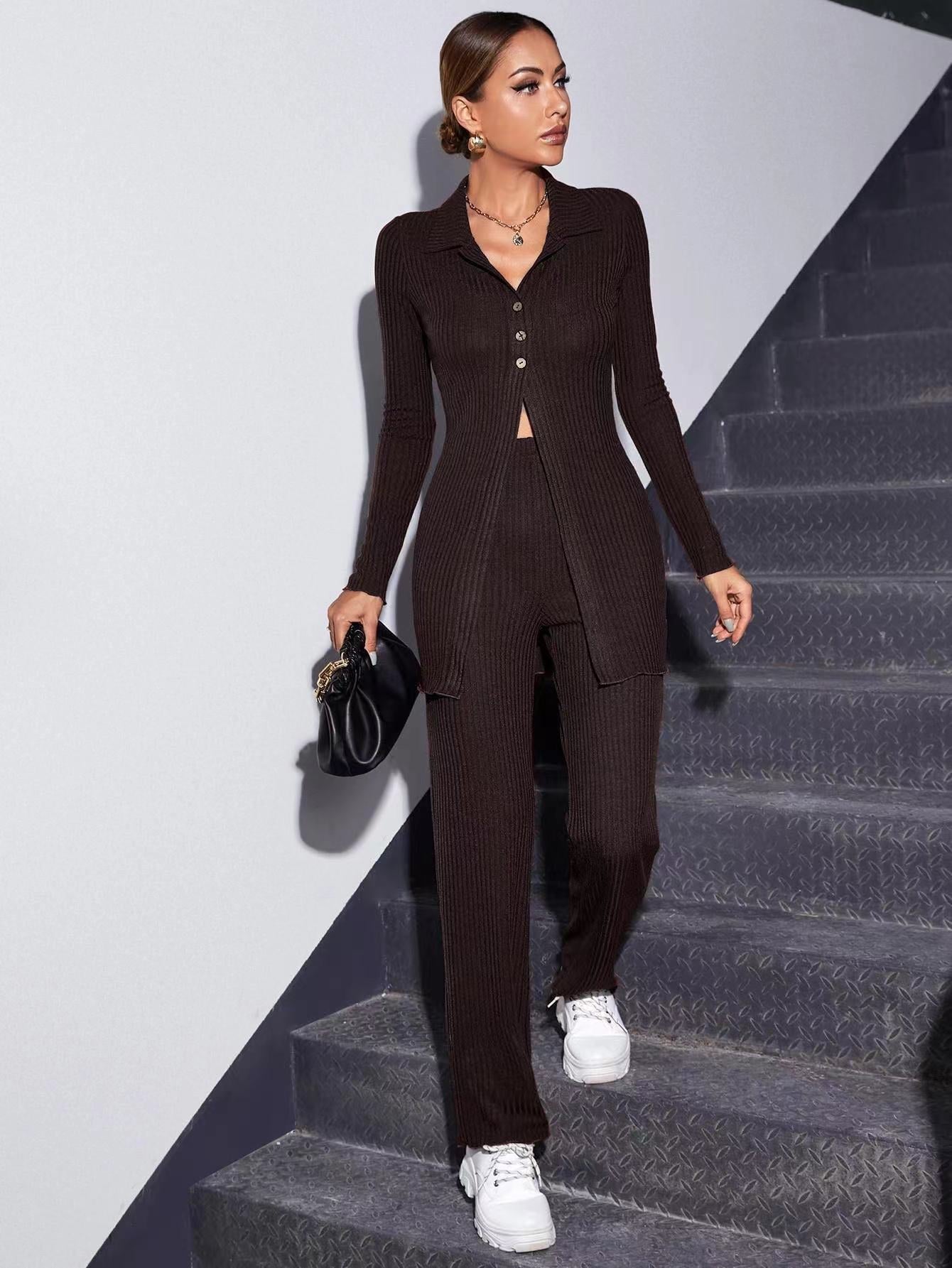 Autumn Knitted Sweater 2 Pcs/Set Women Elegant Stretch Pants Suit Female Ribbed Single-breasted Shirt Top Cardigan Jacket black TZ153