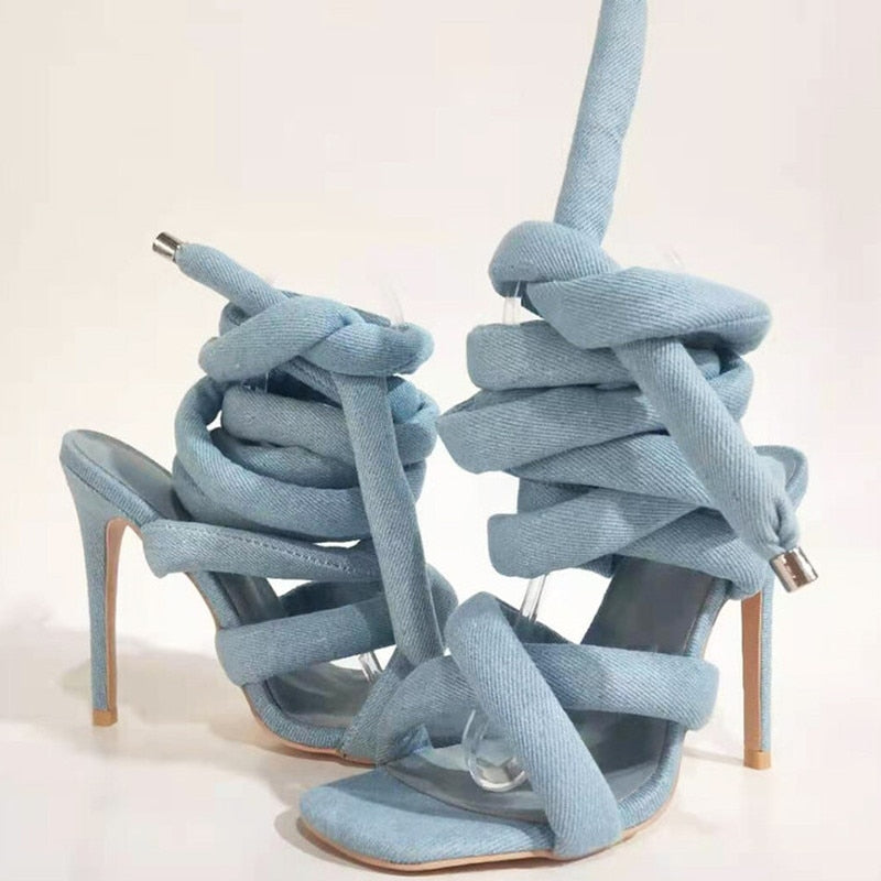 Summer Square Head Slim High Heel Sandals Wrapped Around The Feet Fashion Show Dress 43 Large Women's Sandals