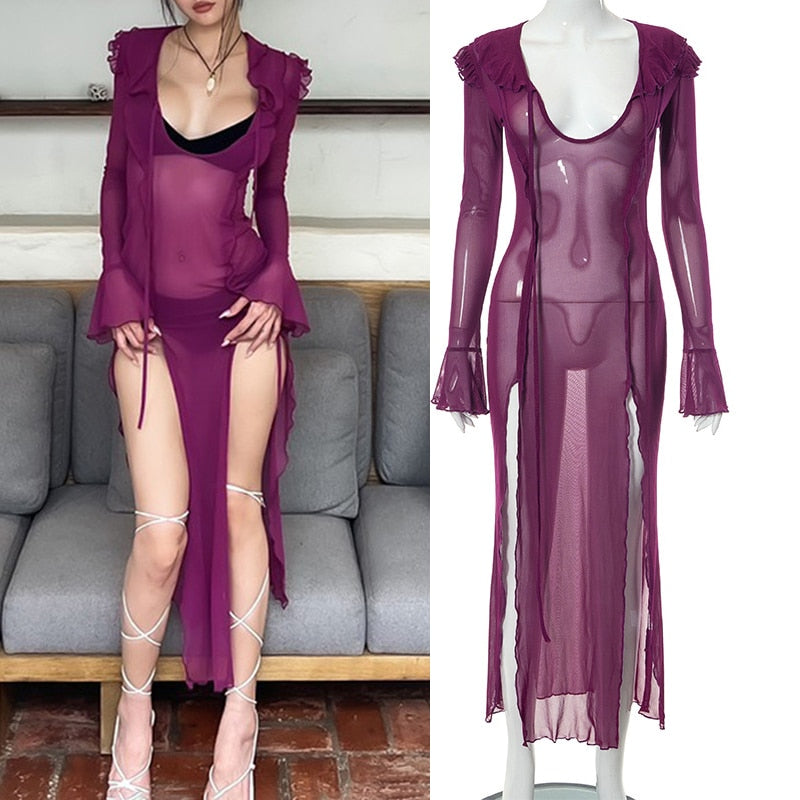 Elegant Black Sheer Beach Dress Women Sexy Flare Sleeve Mesh Tassel Bodycon Summer Dress 2023 Night Party Long Dress Cover-Ups Purple