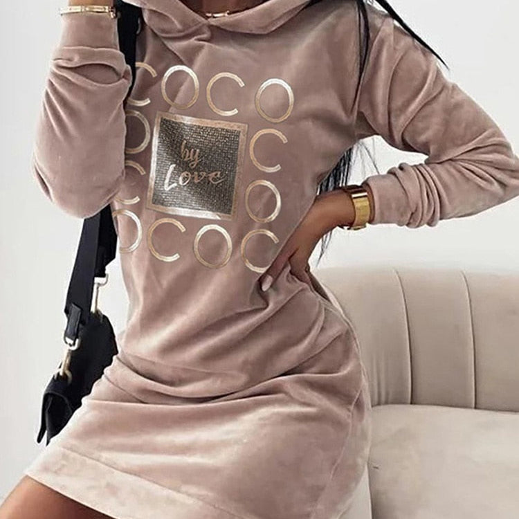Women Long Sweater Dresses LOVE Print Hooded Loose High Collar Sweatshirts Long Sleeve Pullover Fall Winter Y2K Street Style Top