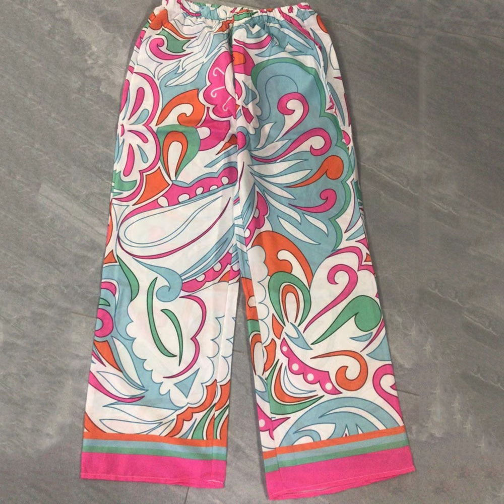 One-shoulder Loose Long Sleeved T Shirt Set Women's Spring Autumn Leisure Printed Wide Leg Trousers + Shirt Two Piece