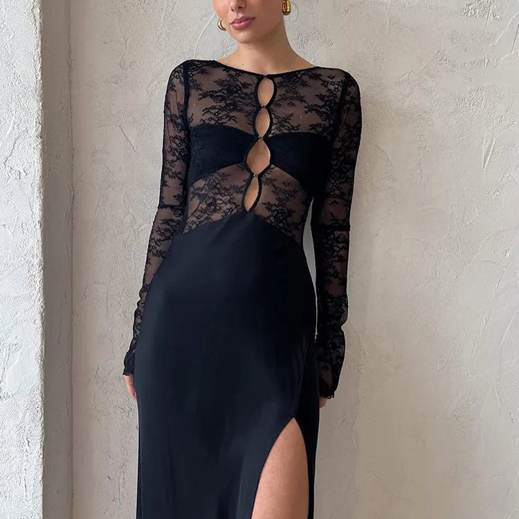 Patchwork Sexy See Through Lace Women Maxi Dress Hollow Out High Slit Evening Dress Female Skinny Elegant Party Clubwear