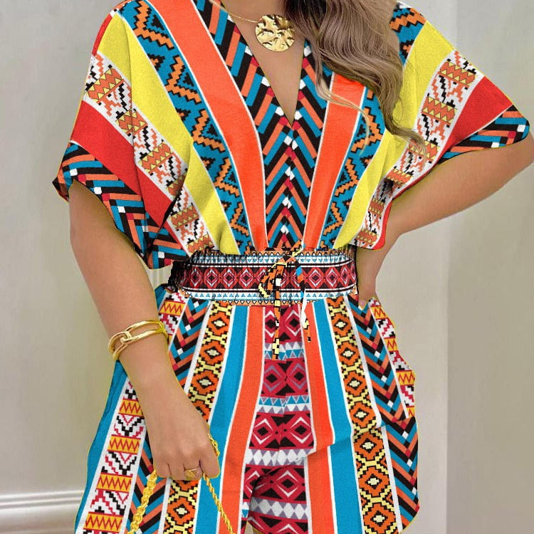 Summer Women Print Jumpsuit Fashion Casual Playsuit V-neck Elegant Romper New Holiday Short Sleeve Outfits Streetwear Jumpsuit