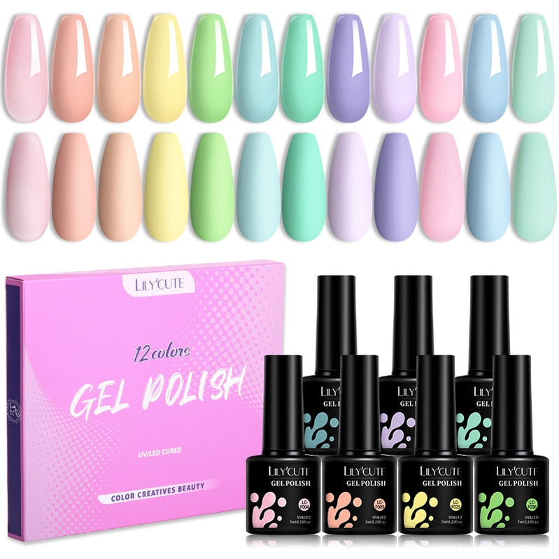 LILYCUTE 12PCs 7ml Spring Macaron Nail Gel Polish Set Semi Permanent UV Gel For Manicure Soak Off Gel Nail Polish Kit Varnishes 56348-3