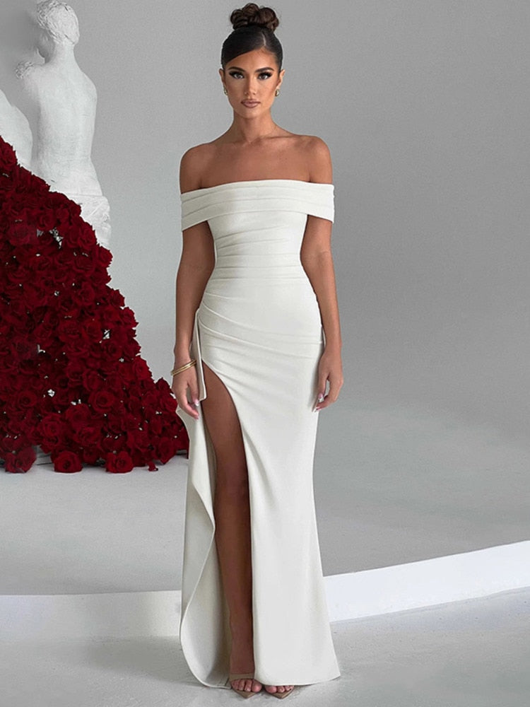 Mozision Off-shoulder Ruffled Thigh High Split Maxi Dress For Women Slash Neck Backless Bodycon Sexy Party Evening Dress Elegant