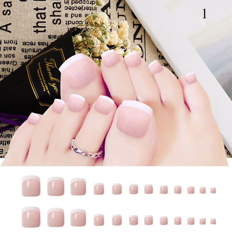 False Toenail 24Pcs/Box Toe Nail 3D Glitter Decor Press On Fake Nails With Glue Detachable Square Short Full Cover DIY Nail Tips C-1