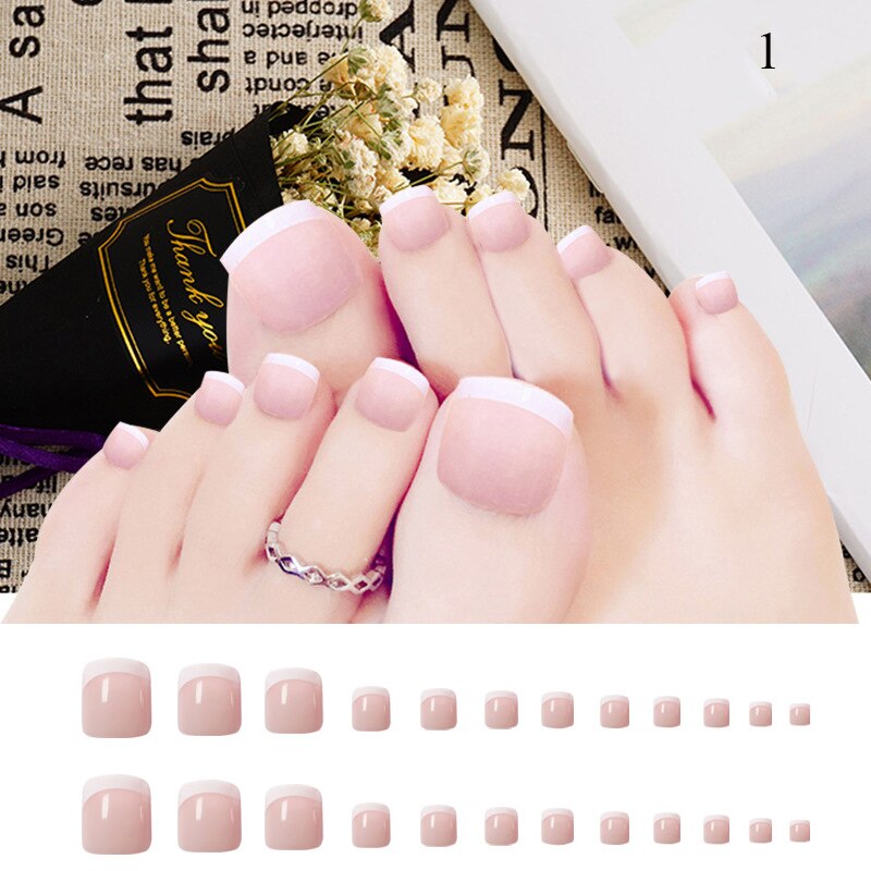 False Toenail 24Pcs/Box Toe Nail 3D Glitter Decor Press On Fake Nails With Glue Detachable Square Short Full Cover DIY Nail Tips