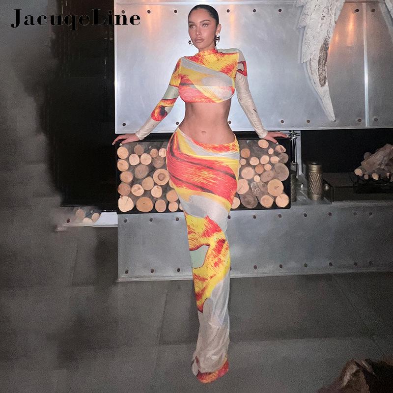 Jacuqeline Sexy Mesh See Through Print Dress Sets Club Party Clothing Long Sleeve Crop Tops and Low Waist Long Skirt Sets