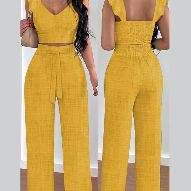 Two Piece Sets Womens Outifits Spring Fashion Shirred V-Neck Sleeveless Crop Top & Casual Pocket Design Wide Leg Pants Set B