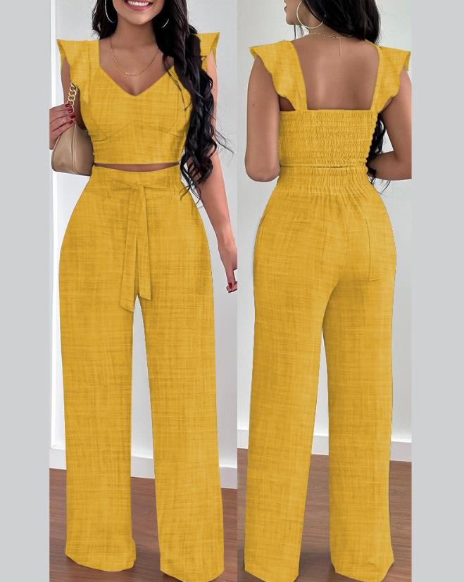 Two Piece Sets Womens Outifits Spring Fashion Shirred V-Neck Sleeveless Crop Top & Casual Pocket Design Wide Leg Pants Set B