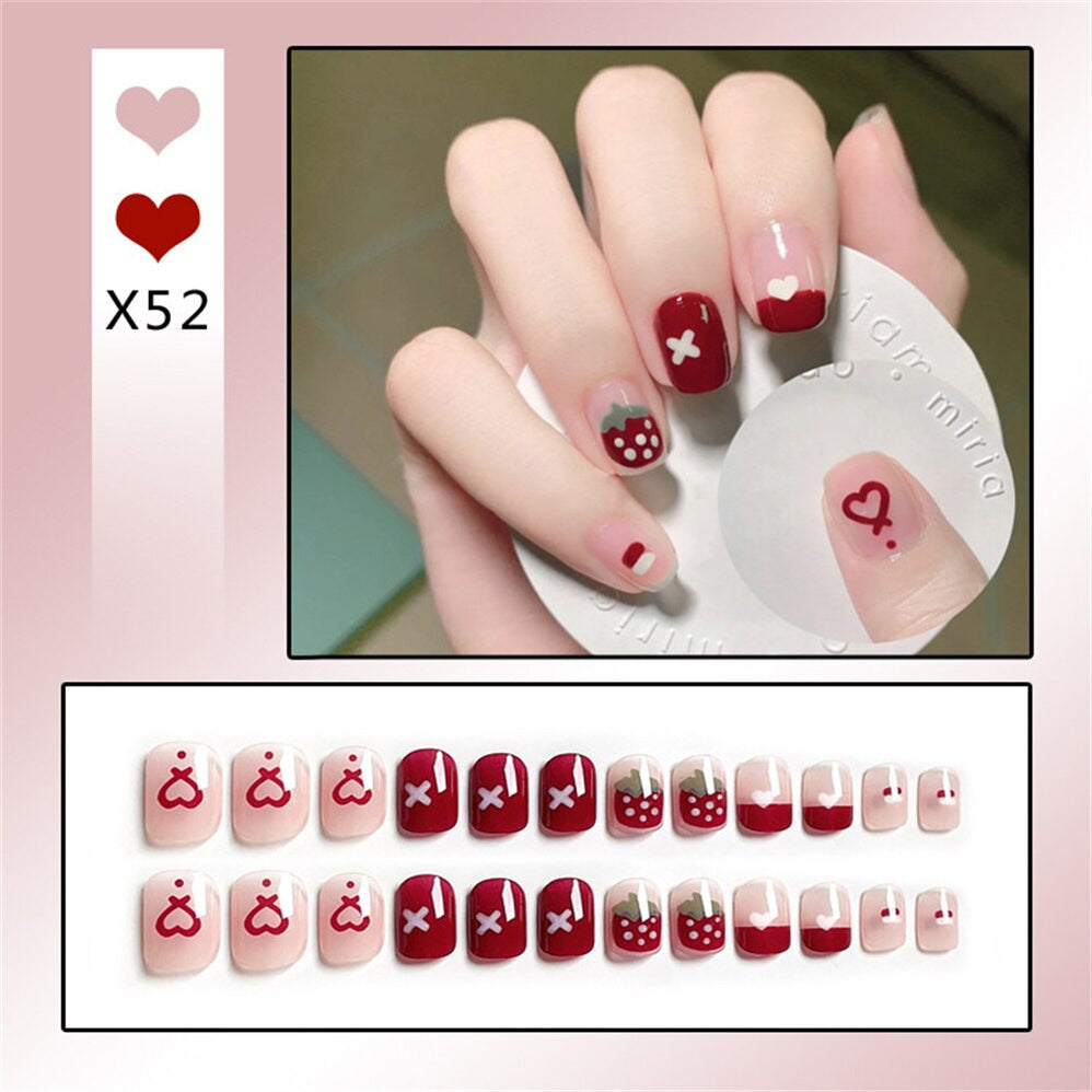 24Ps Childlike Fake Nails With Glue Cute Kawaii Personality Stick On Nails False Girls Short Press On Nail Art DIY Manicure Tool Nails With Glue X52