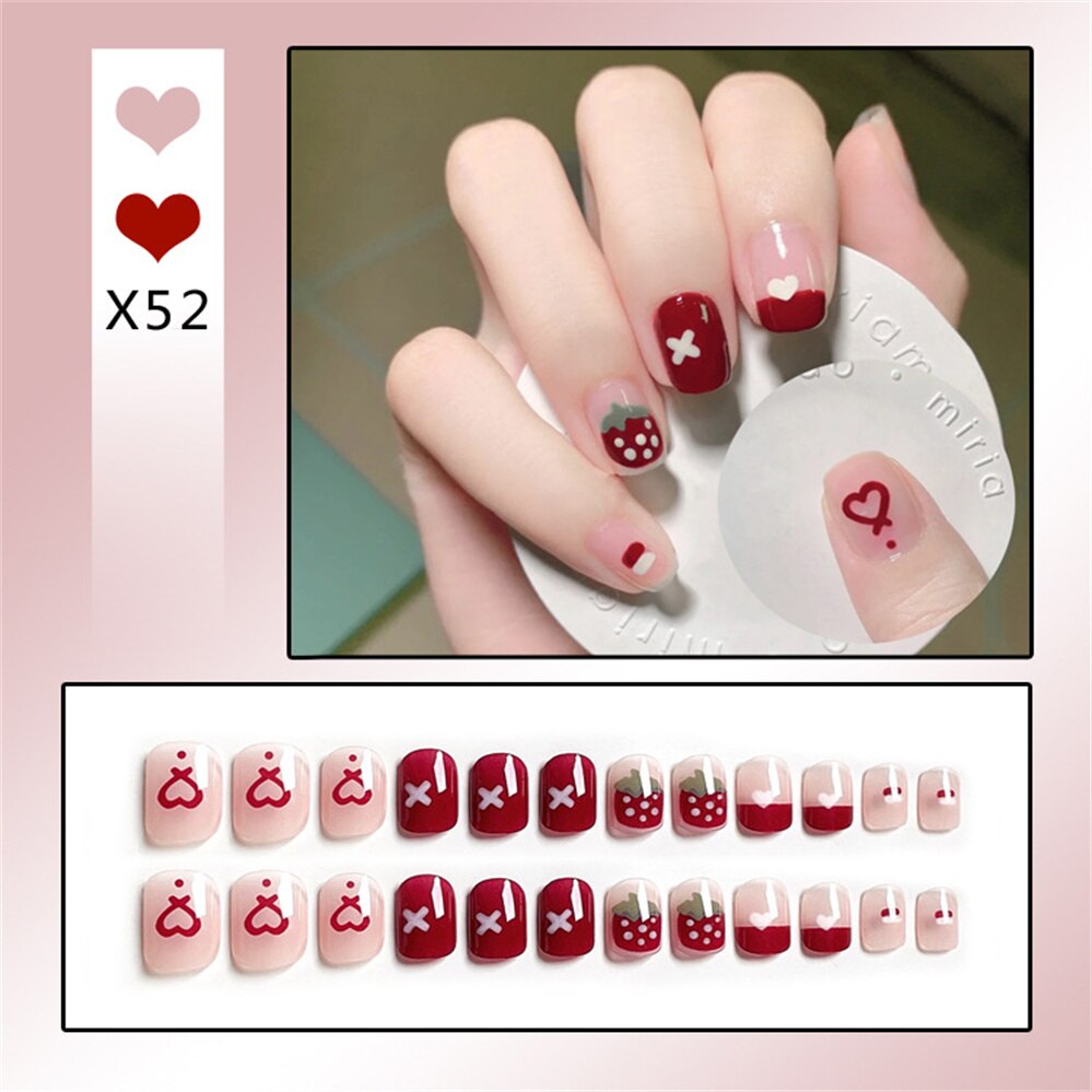 24Ps Childlike Fake Nails With Glue Cute Kawaii Personality Stick On Nails False Girls Short Press On Nail Art DIY Manicure Tool Nails With Glue X52