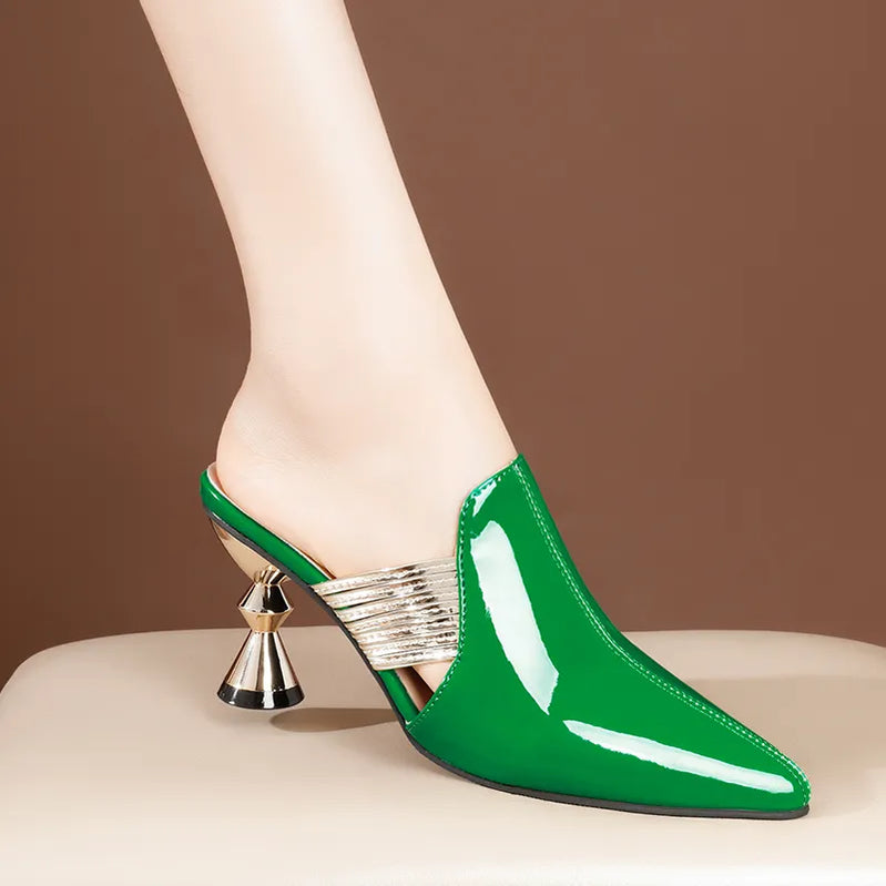 High Heel Slippers Pointed Toe Shoes Woman Elegant Mules Shoes Women Black Green Metal Heel Outdoors Womens Slippers Big Size