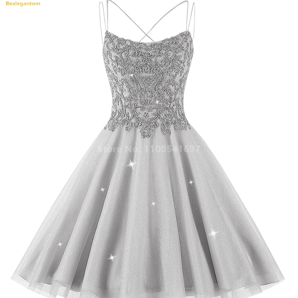 Bealegantom Lace Beaded Spaghetti Homecoming Dresses Sparkly Tulle Pageant Short Prom Party Cocktail Gown Vestidos De Graudation Silver