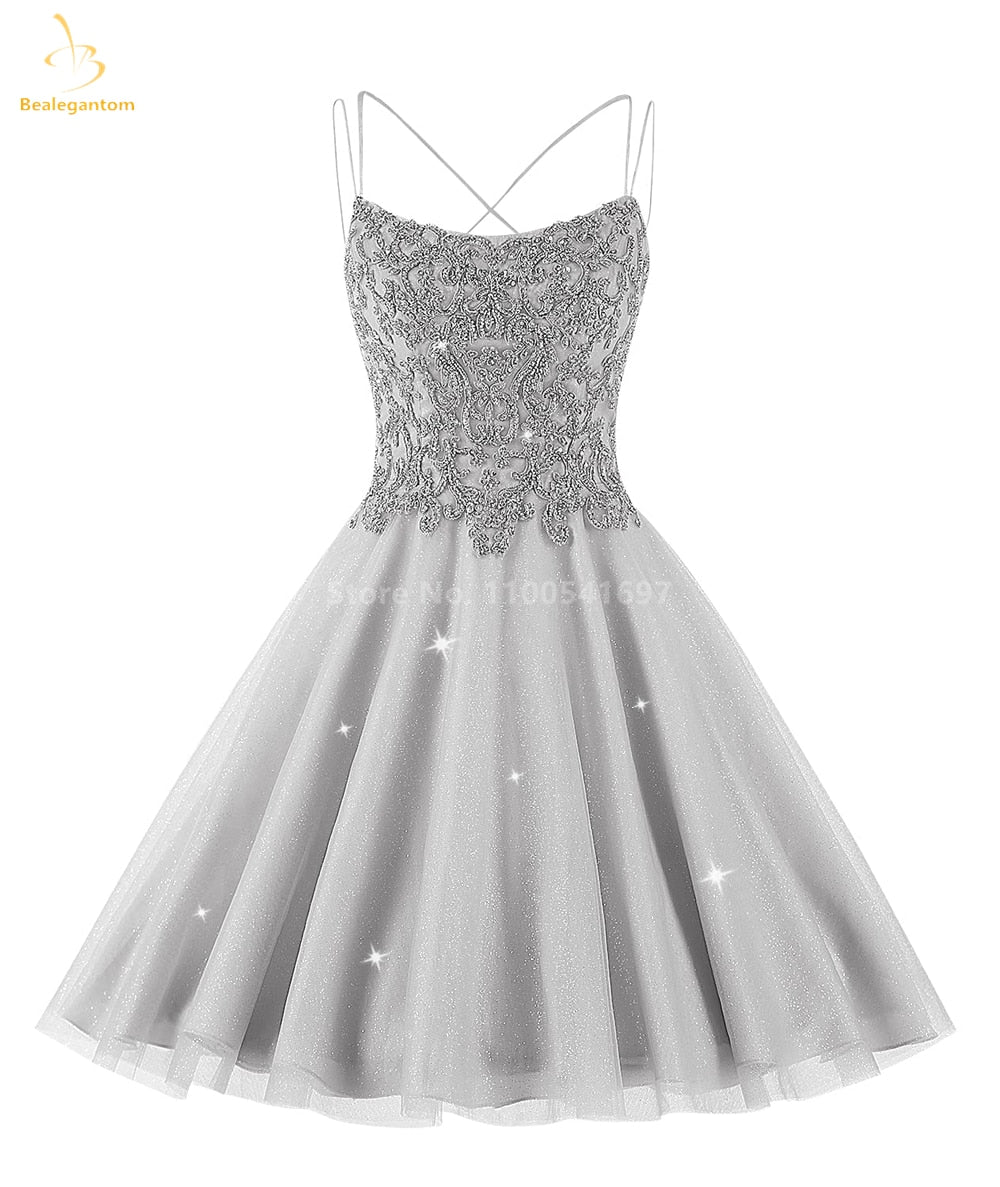 Bealegantom Lace Beaded Spaghetti Homecoming Dresses Sparkly Tulle Pageant Short Prom Party Cocktail Gown Vestidos De Graudation