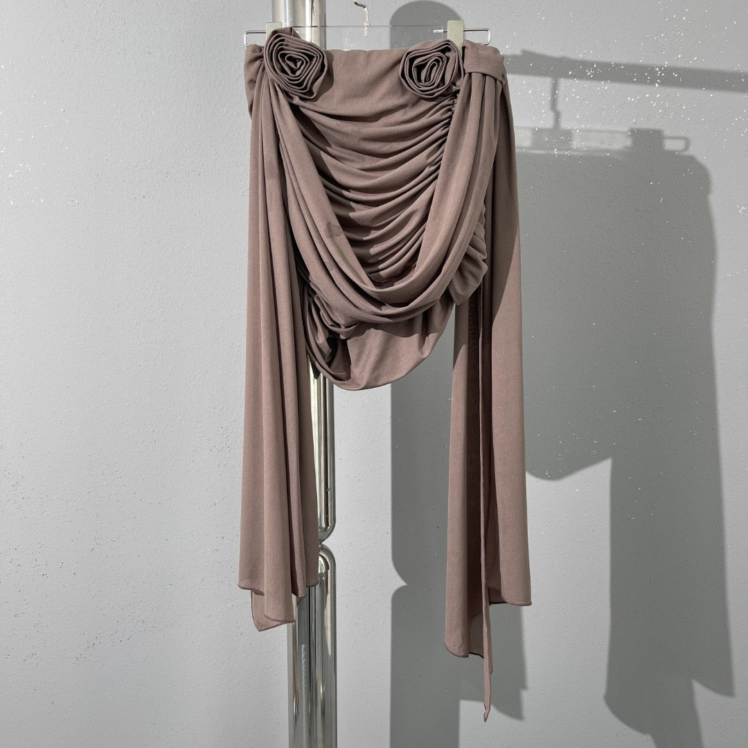 Romantic 3D rose pleated tank top fashionable and sexy y2k single side slim waist short section Top women summer new Brown 1