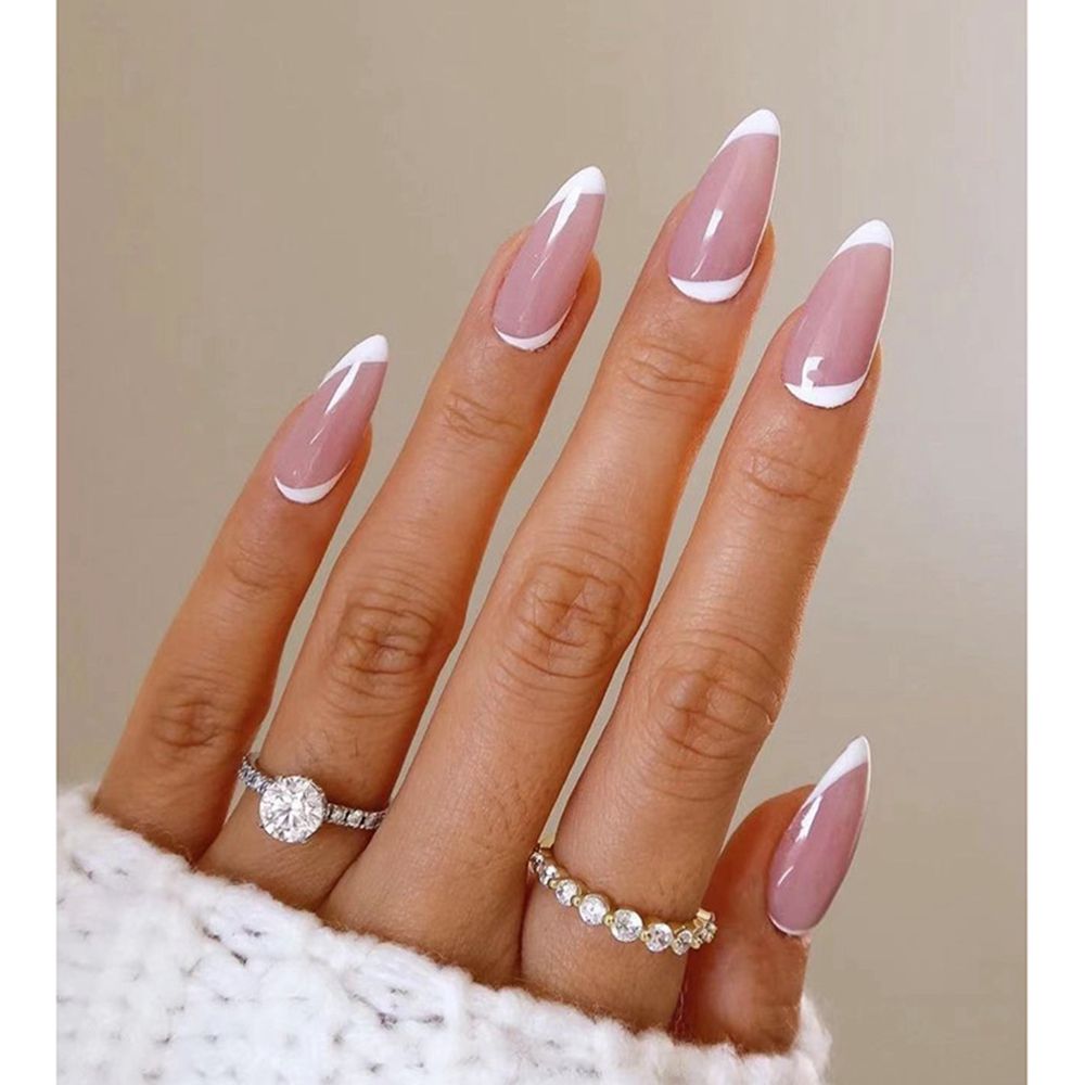 24Pcs/Set Fake Nails With Glue Full Cover Nail Tips Press On Med Nails DIY Manicure Oval Head False Nails Pink Almond Artificial