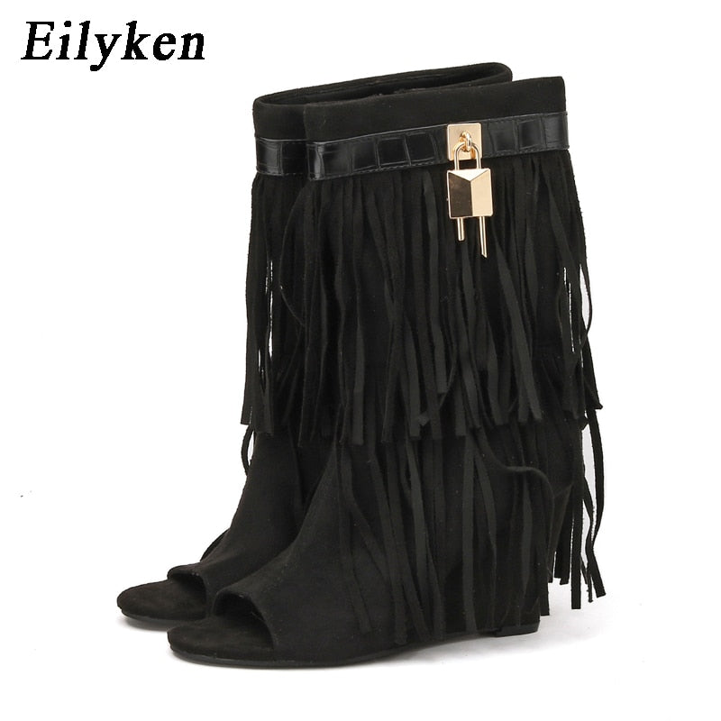 Eilyken Designer Fringe Wedges Boot Sandals Woman High Heels Open Toe Party Prom Shoes Sexy Zipper Female Pumps