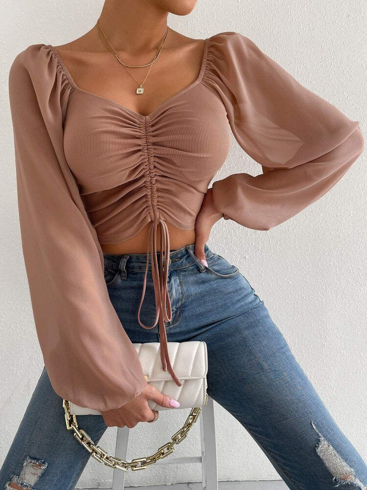 Sexy V-neck Women Blouses Drawstring Long Sleeve Crop Tops Ladies Fashion Summer Short Shirt Woman Clothes Blusas Camisas Mujer