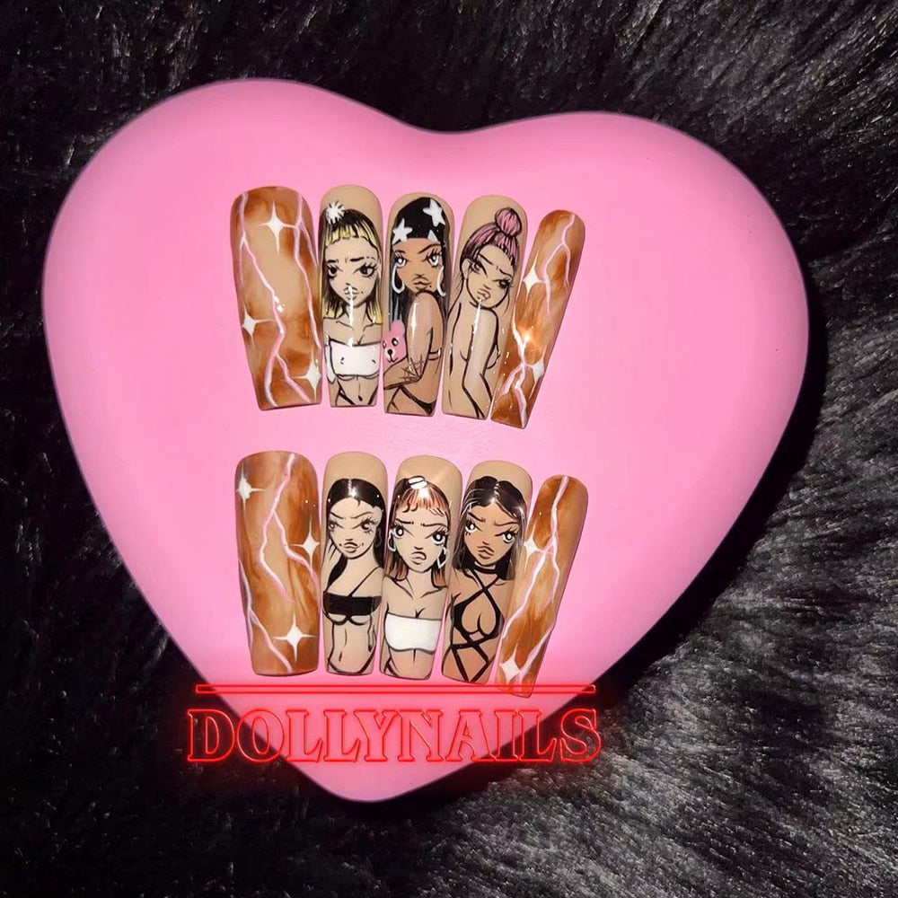 Fashion Cool Personality Cosplay Party Nails Long Coffin 3D High-End Chain Nail Tips Girls Gift Accessories 23