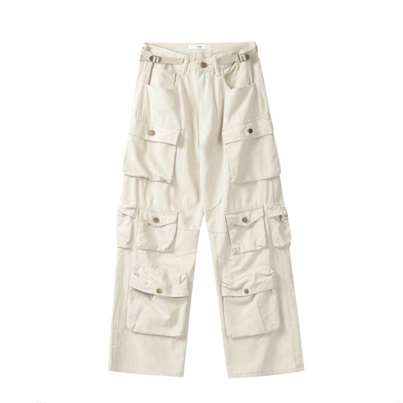 Pocket Solid Color Overalls Jeans Women's Y2K Street Retro Loose Wide-Leg Overalls Couple Casual Joker Mopping Jeans Pants Women