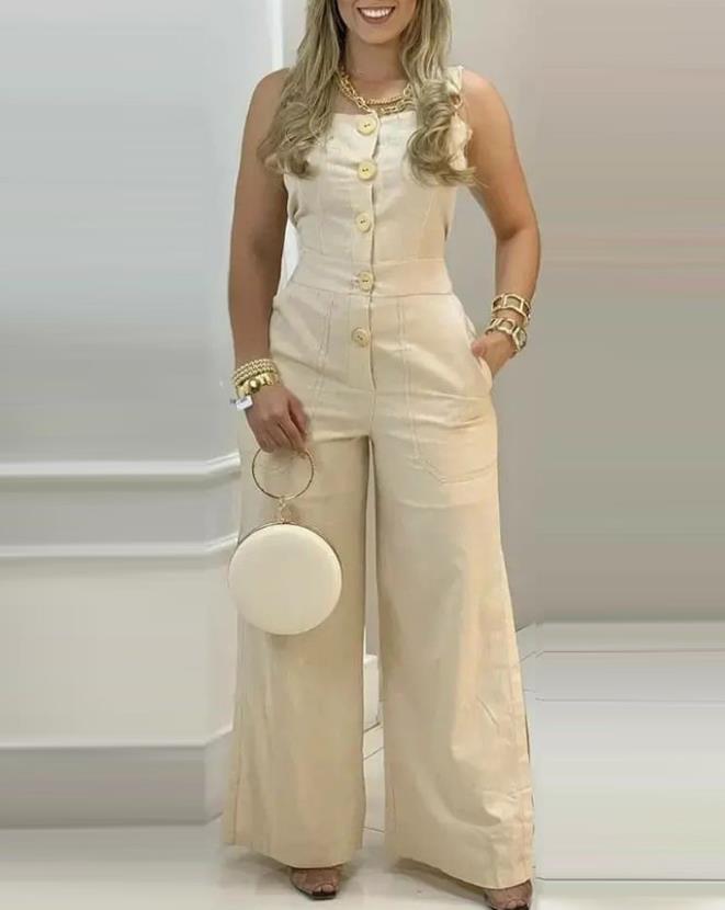 Women's Jumpsuit Spring Fashion Wide Leg Buttoned Casual Square Neck Plain Sleeveless Pocket Design Long Suspender Jumpsuit